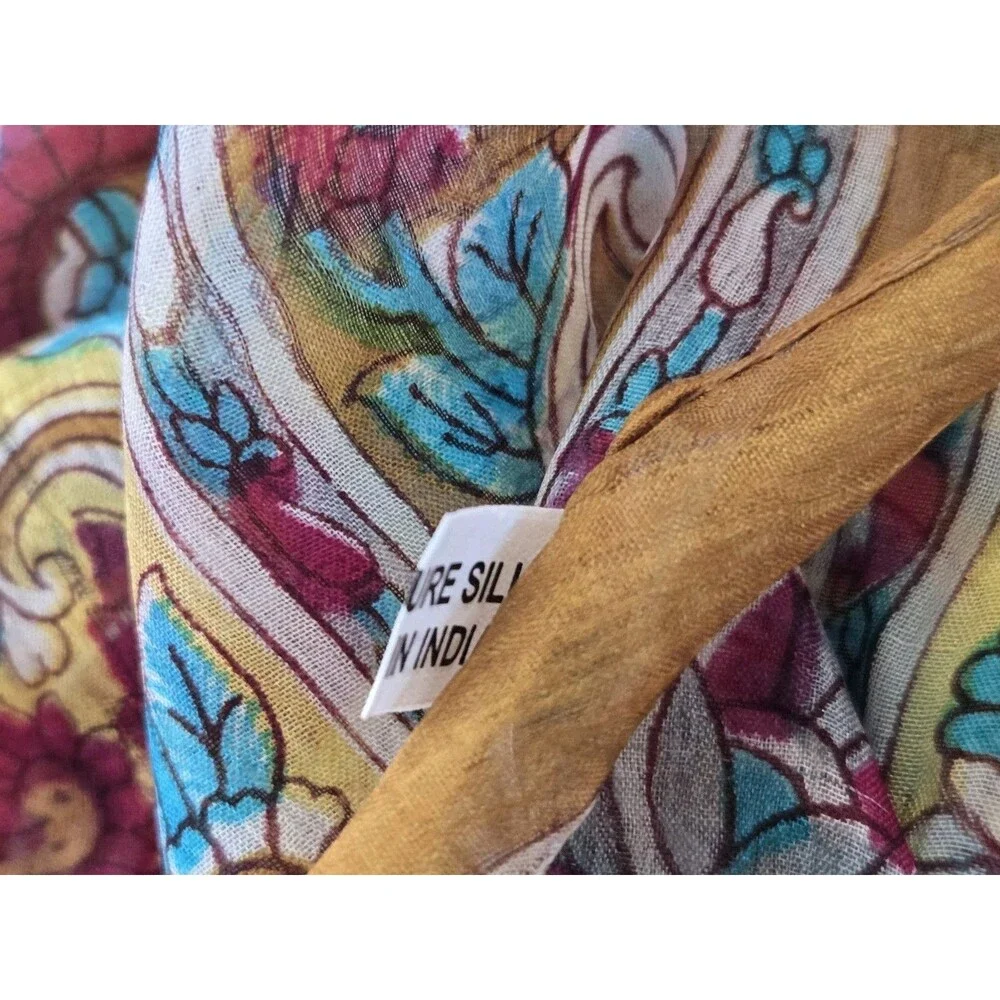 Vintage 100% Pure Silk Scarf India Blue Floral‎ Paisley Boho Square Wrap